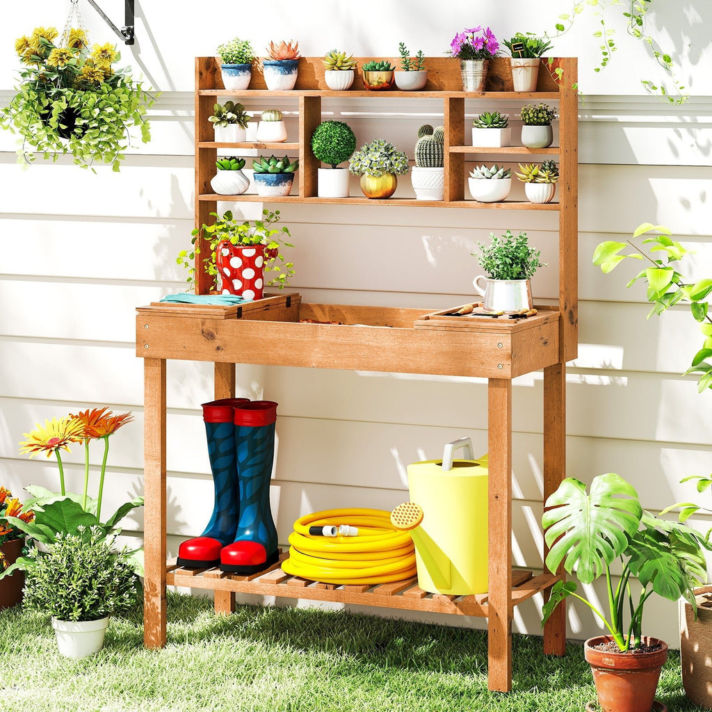 Wooden Potting Bench Table Garden Planting Workstation with 3-Tier Open Shelf - Cheeky Garden