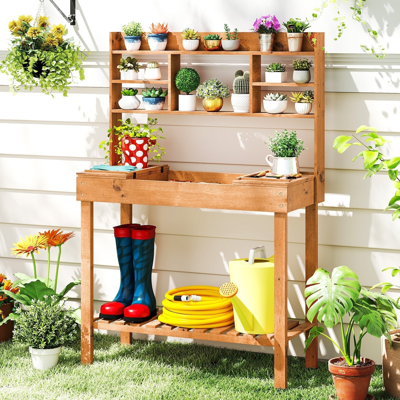Wooden Potting Bench Table Garden Planting Workstation with 3-Tier Open Shelf - Cheeky Garden