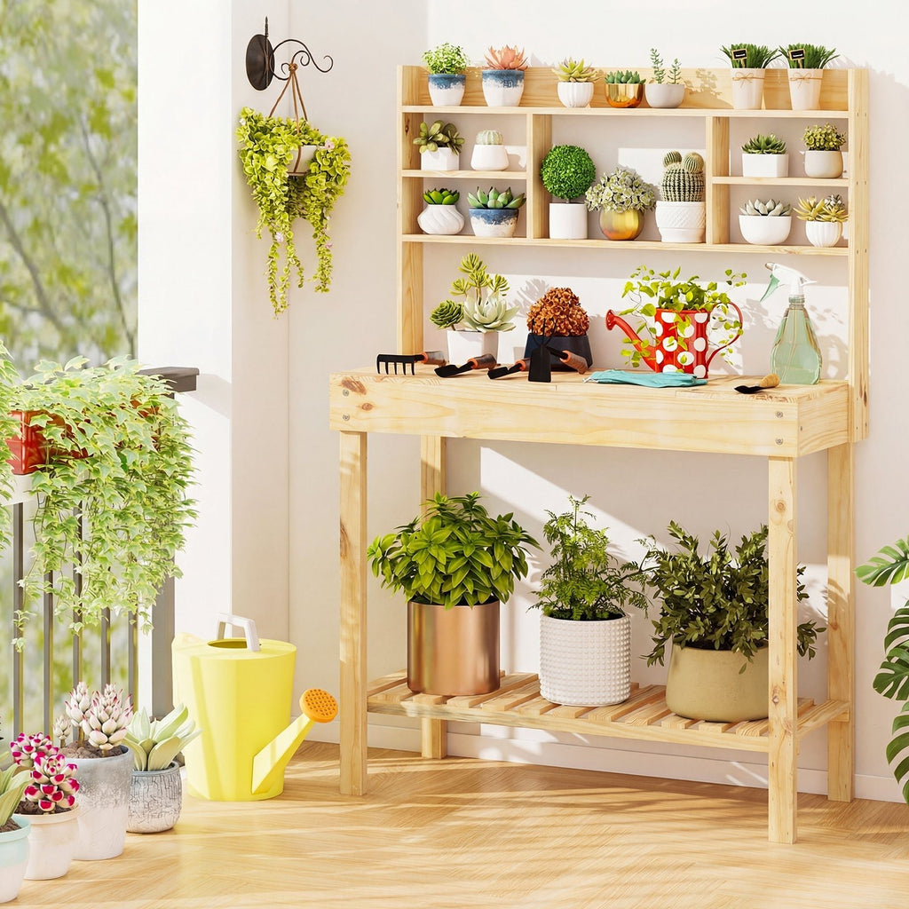Wooden Potting Bench Table Garden Planting Workstation with 3-Tier Open Shelf - Cheeky Garden