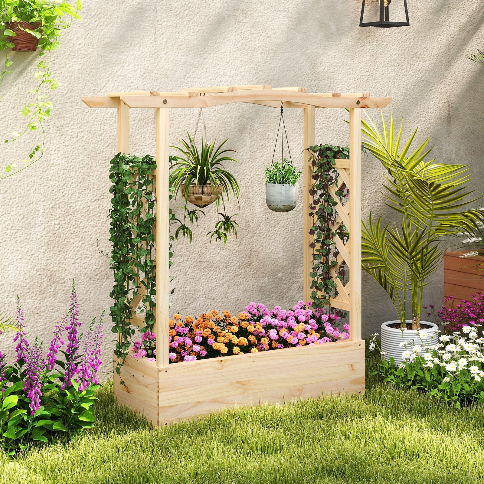 Wooden Raised Garden Bed Planter Box with Trellis and Hanging Roof - Cheeky Garden