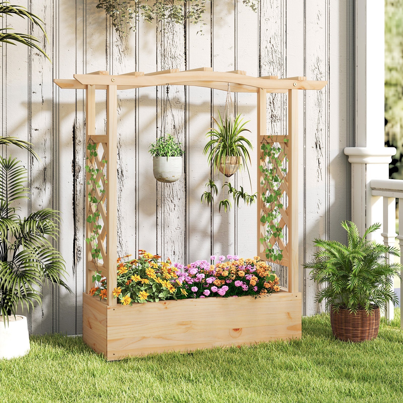 Wooden Raised Garden Bed Planter Box with Trellis and Hanging Roof - Cheeky Garden
