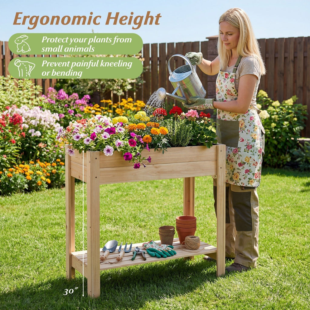Wooden Raised Garden Bed with Legs and Storage Shelf - Cheeky Garden