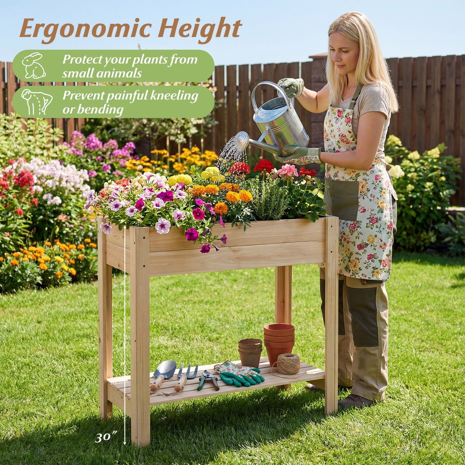 Wooden Raised Garden Bed with Legs and Storage Shelf - Cheeky Garden