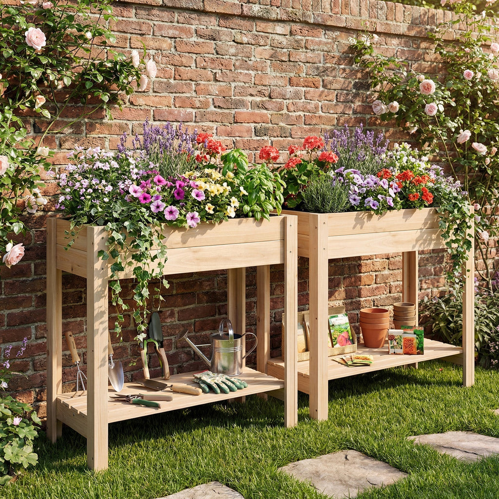 Wooden Raised Garden Bed with Legs and Storage Shelf - Cheeky Garden