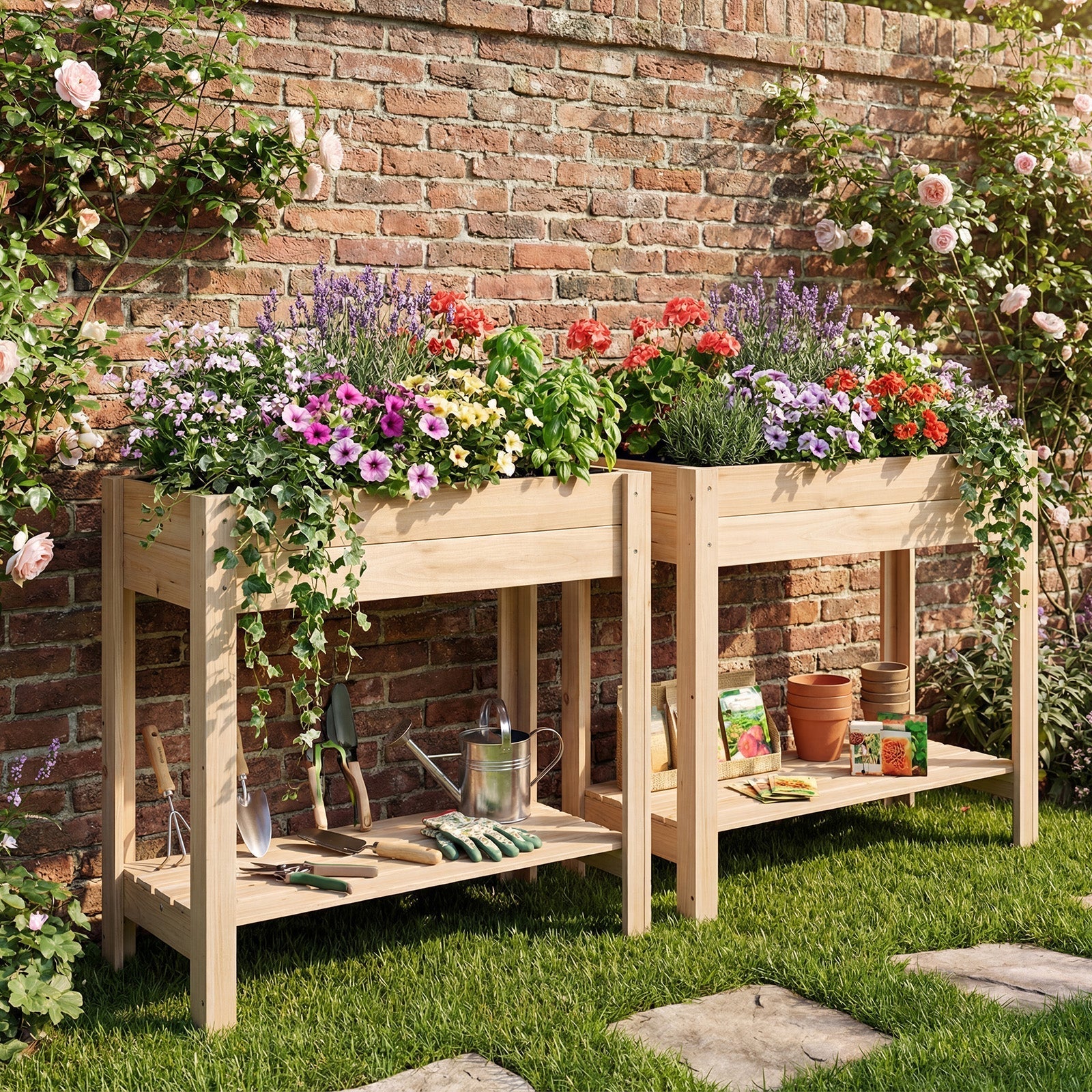 Wooden Raised Garden Bed with Legs and Storage Shelf - Cheeky Garden