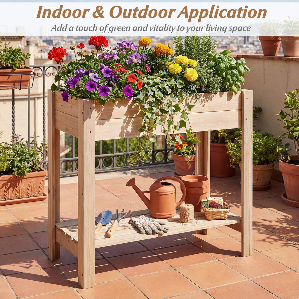 Wooden Raised Garden Bed with Legs and Storage Shelf - Cheeky Garden