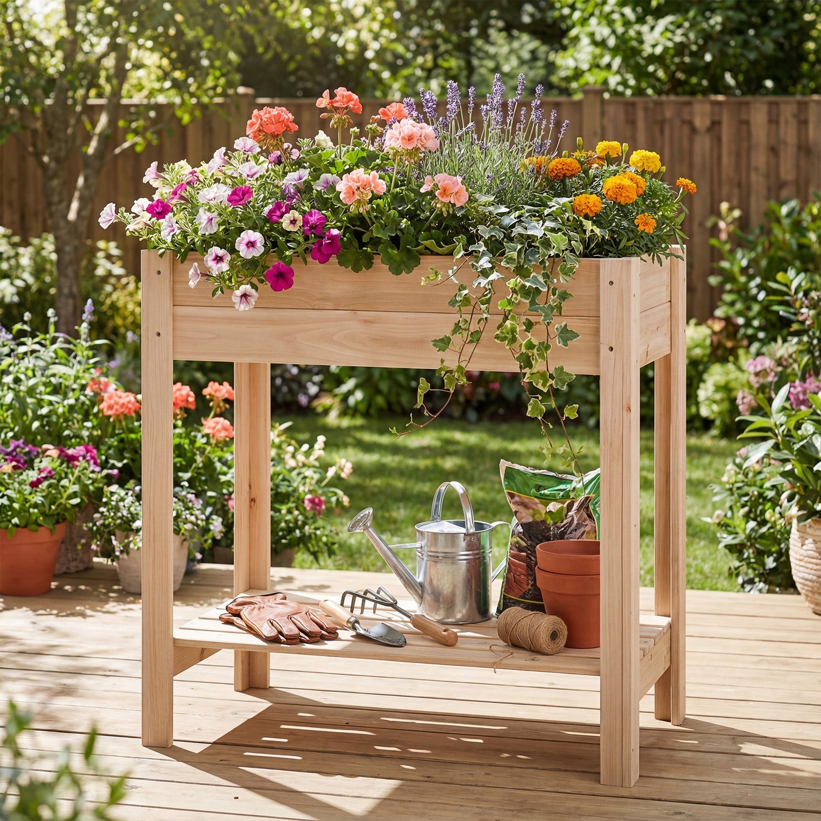 Wooden Raised Garden Bed with Legs and Storage Shelf - Cheeky Garden