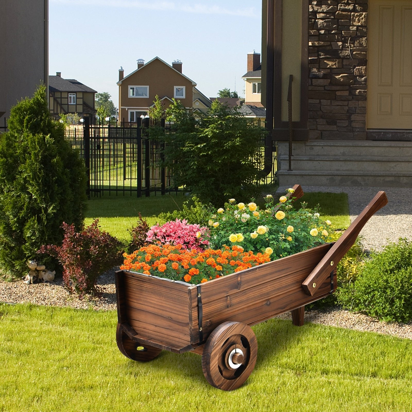Wooden Wagon Planter Box with Wheels Handles and Drainage Hole-Rustic Brown - Cheeky Garden