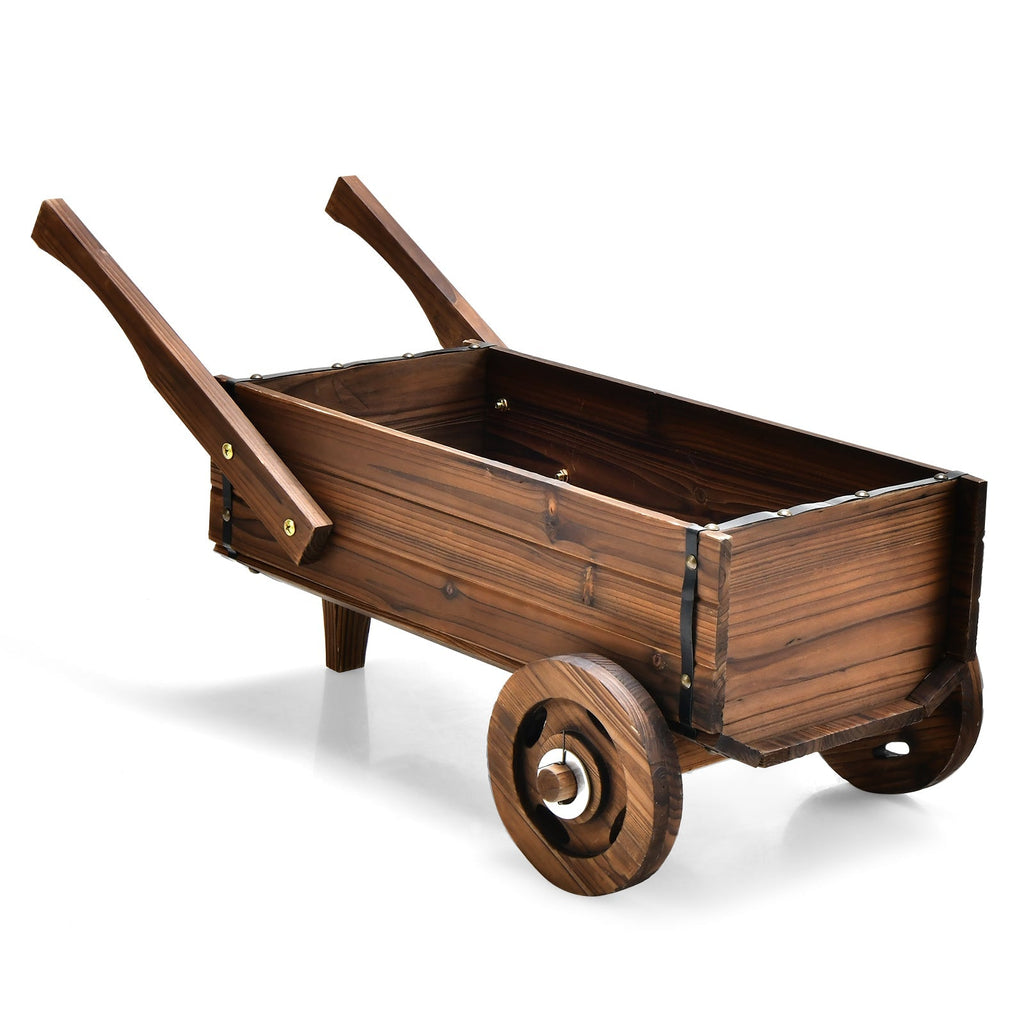 Wooden Wagon Planter Box with Wheels Handles and Drainage Hole-Rustic Brown - Cheeky Garden
