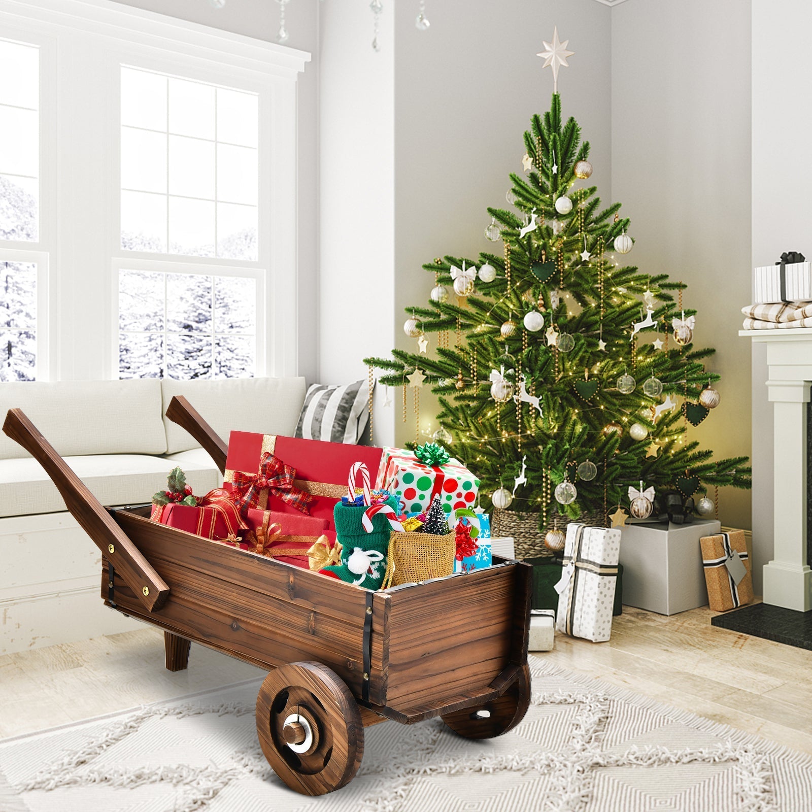 Wooden Wagon Planter Box with Wheels Handles and Drainage Hole-Rustic Brown - Cheeky Garden