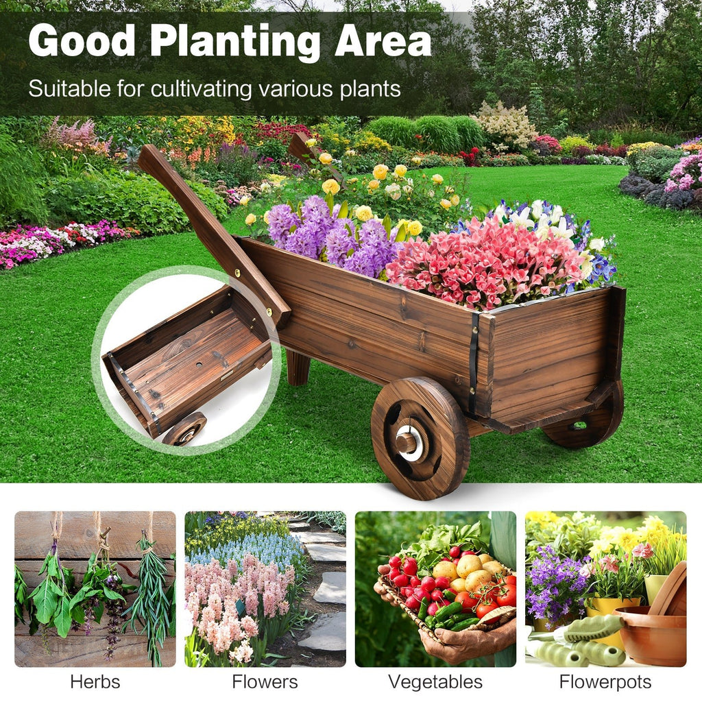 Wooden Wagon Planter Box with Wheels Handles and Drainage Hole-Rustic Brown - Cheeky Garden