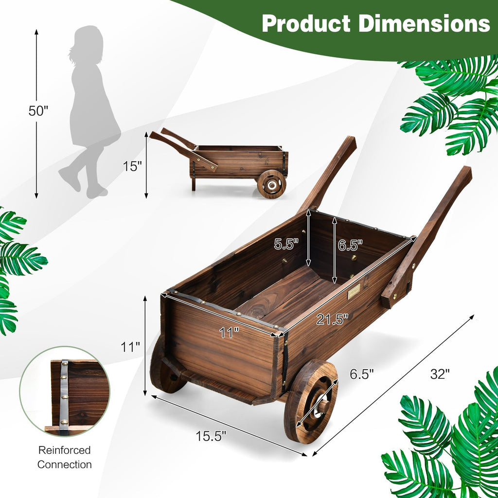 Wooden Wagon Planter Box with Wheels Handles and Drainage Hole-Rustic Brown - Cheeky Garden
