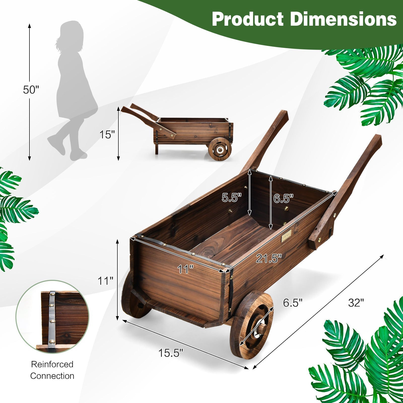 Wooden Wagon Planter Box with Wheels Handles and Drainage Hole-Rustic Brown - Cheeky Garden