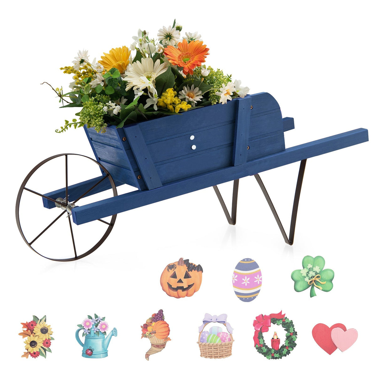 Wooden Wagon Planter with 9 Magnetic Accessories for Garden Yard - Cheeky Garden