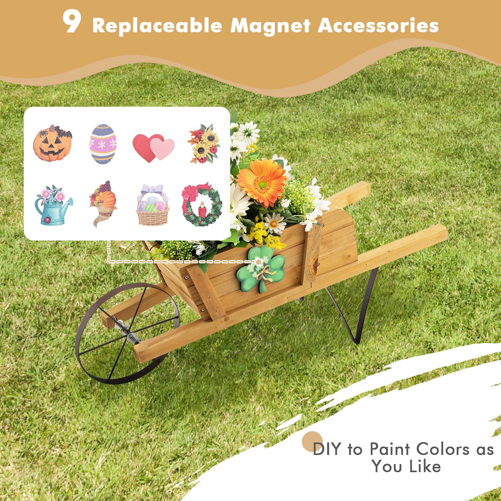 Wooden Wagon Planter with 9 Magnetic Accessories for Garden Yard - Cheeky Garden