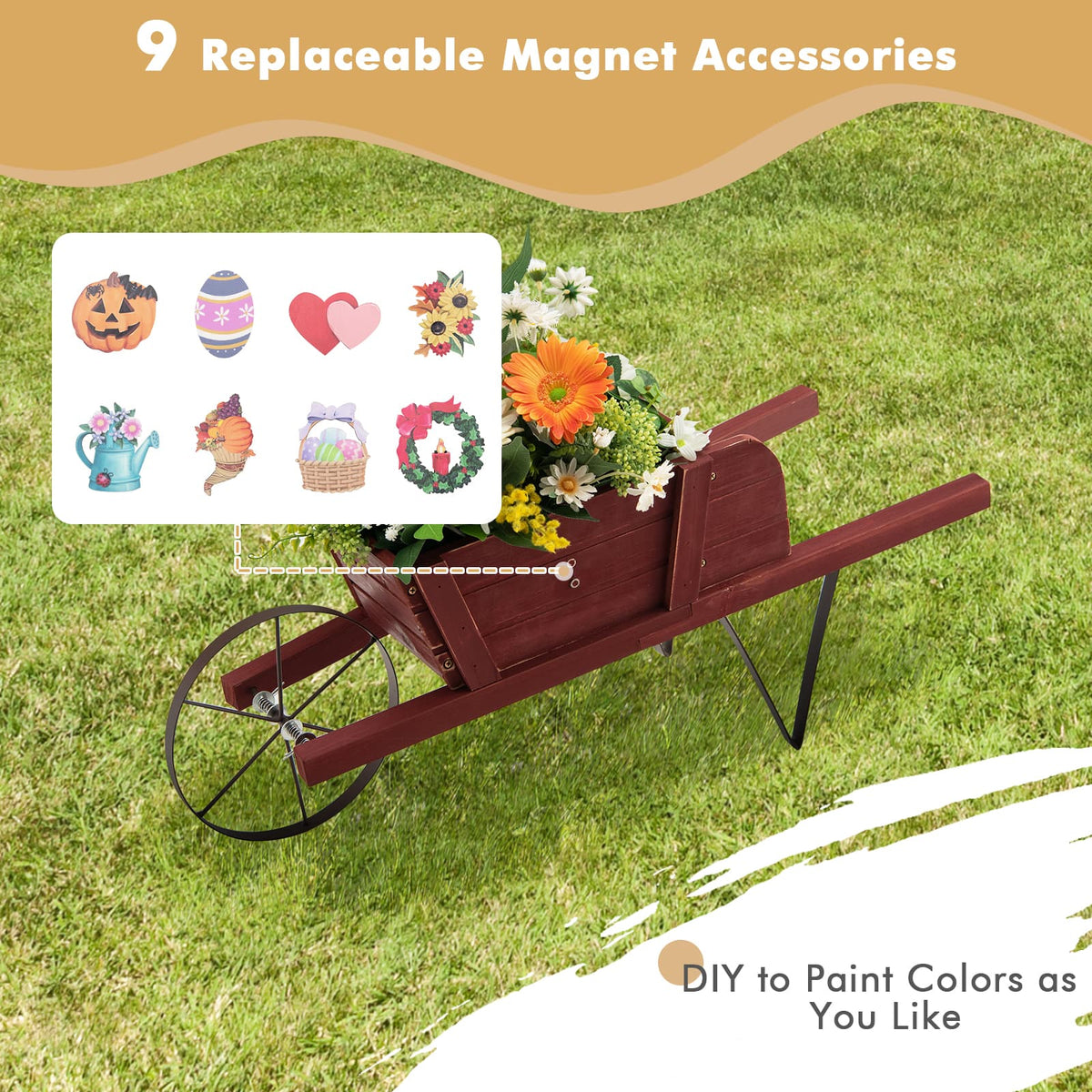 Wooden Wagon Planter with 9 Magnetic Accessories for Garden Yard - Cheeky Garden